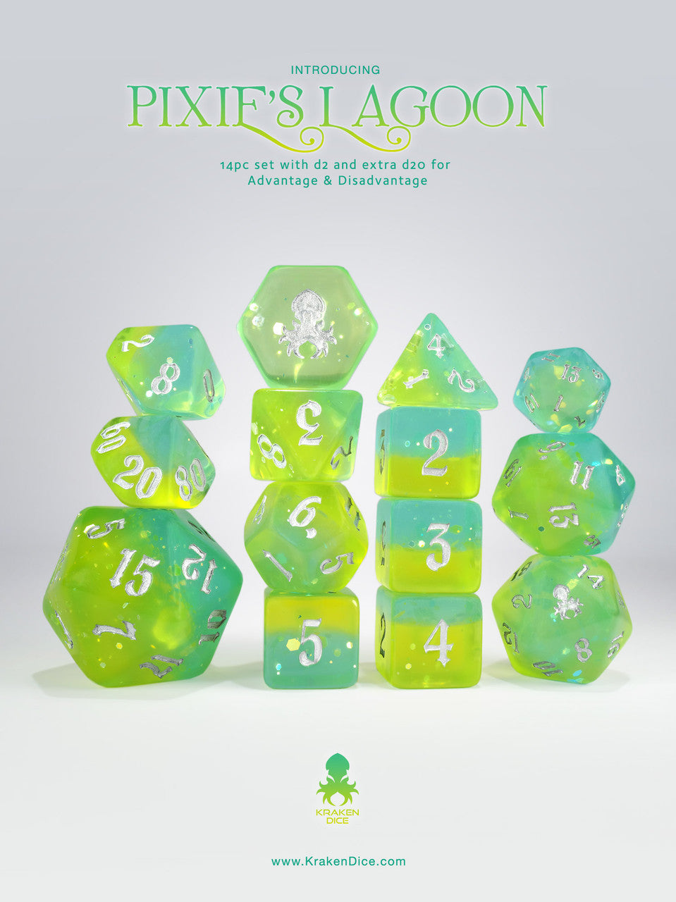 Pixie's Lagoon 14pc - Limited Run - Silver Ink Dice Set